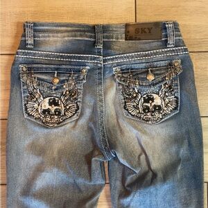 🖤5/$10 Sky Women's Boot Cut Jeans with Skull Embroidery